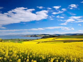 Golden fields of yellow rapeseed flowers