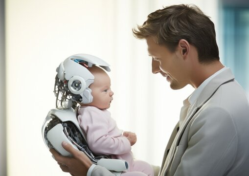 Robot holds a baby in his arms.robot nursemaid Generative AI.