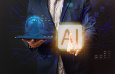 Man pointing his hand and finger to futuristic interface network include of artificial intelligence (ai), machine deep learning, robot computer software, digital twin, blockchain, virtual technology.