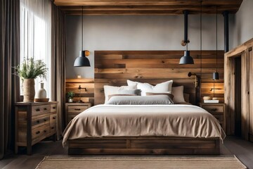 Rustic bedside cabinet near bed with beige pillows. Farmhouse interior design of modern bedroom