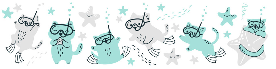 Set of children's vector illustrations. Cute cats swimming with underwater mask, cats scuba divers, starfish. Cute kittens in Scandinavian style . Vector illustration © Alena