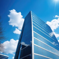Fototapeta premium Bottom view of modern skyscrapers against blue sky