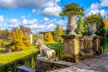 St. Petersburg, Russia - October 15, 2023: Sculpture of a lion and decorative vases on the Great Stone (Italian) Staircase in the autumn Pavlovsk Park.