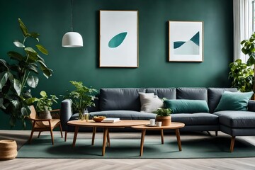 Wooden coffee table and lounge chair near gray sofa against green wall. Scandinavian home interior design of modern living room