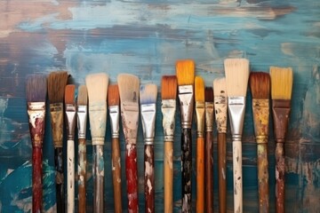 multiple oil-painting brushes on a wooden table