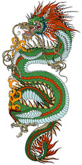 Chinese green dragon in a vertical position. A head facing towards the left side and baring its teeth, a serpent-like body, elegantly coiled around a central focal point. Traditional tattoo vector