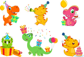 Birthday Dinosaurs Cartoon Characters. Vector Flat Design Collection Set Isolated On Transparent Background