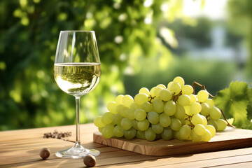 Freshly picked green grapes with wine glass on a wooden table, an atmosphere with soft and white tones
