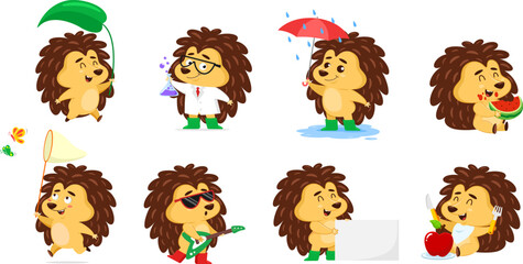 Naklejka premium Cute Hedgehog Cartoon Character In Different Possess. Vector Flat Design Collection Set Isolated On Transparent Background
