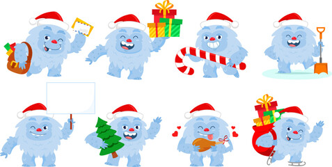 Santa Yeti Bigfoot Cartoon Character In Diferent Posess. Vector Flat Design Collection Set Isolated On Transparent Background