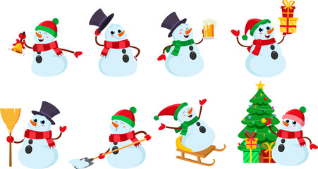 Cute Snowman Cartoon Characters. Vector Flat Design Collection Set Isolated On Transparent Background
