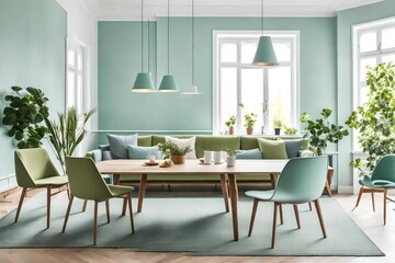 Sofa and chairs near wooden table against window. Scandinavian style interior design of modern dining room with pastel green wall with frames