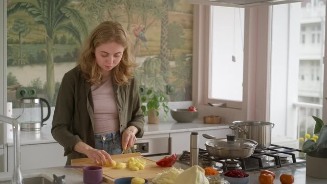 20s student girl cuts potatoes, vegetables for vegetarian stew, soup. Preparation of products for stewing vegetables.Young concentrated woman cooks dinner at home. Preparing healthy dish in apartment.
