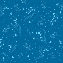 Gorgeous painting of moons, stars with lily on a beautiful, vibrant, colorful blue background. Great for printing and decoration.