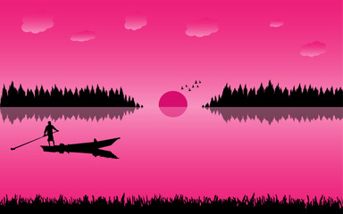 Landscape scenery background silhouette pink theme natural scene vector illustration design