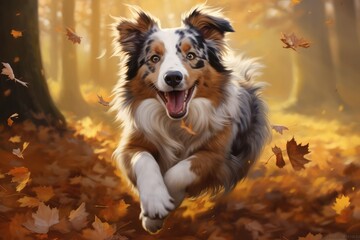 Painting of a happy Dog Australian Shepherd in autumn - obrazy, fototapety, plakaty