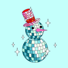 Disco mirror ball snowman in hat on blue background.
Cute Christmas card. Vector funky illustration. - 666484238