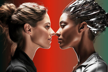 Young White Woman and Dark-Skinned Woman with Modern Hair Accessories Gaze Lovingly into Each Other's Eyes