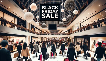A bustling shopping mall scene with text design "Black Friday Sale"