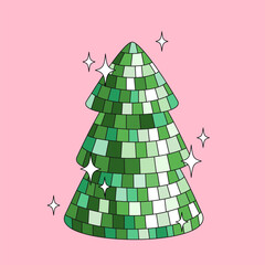 Disco mirror ball Green Christmas tree on pink background.
Cute holiday card. Vector funky illustration. - 666484606