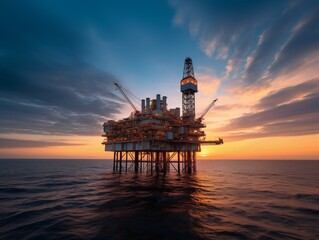 Oil offshore drilling middle of sea with sunset sky. Petroleum business