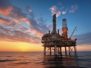 Oil platform drilling rig middle of ocean with sunset sky. Oil and gas business industry