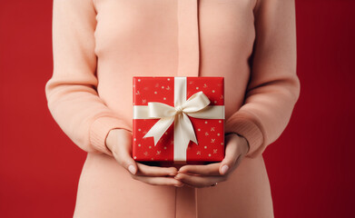 A woman's hands holding a red gift box with a white bow over red pastel background.