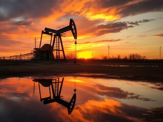 Oil pump working with sunset sky. Petroleum, gas and oil industry concept