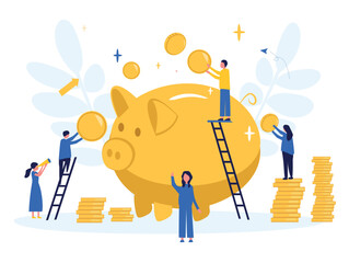 Business concept. People put coins together into a big piggy bank.Flat style.Teamwork. Businessmen work together and move towards success.Financial services, small banks are engaged in hoarding money.
