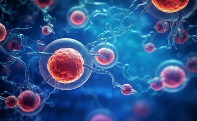 Cellular therapy and regeneration, microscopic view of body cells, research of stem cells.