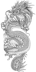 Chinese or East Asian dragon in vertical position. A head facing towards the left side and baring its teeth, a serpent-like body, elegantly coiled around a central focal point. Traditional tattoo