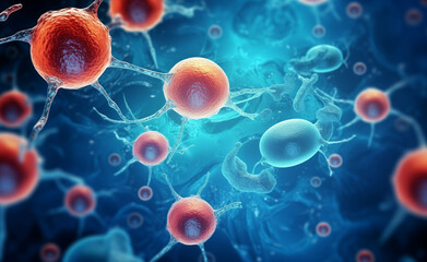 Cellular therapy and regeneration, microscopic view of body cells, research of stem cells.
