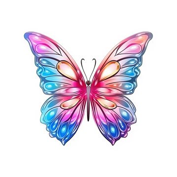 Very beautiful blue pink drawn butterfly isolated on white background.