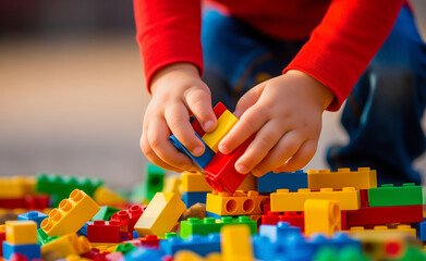 Little kid's hands as joyfully plays with a colorful set of building blocks.