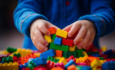 Little kid's hands as joyfully plays with a colorful set of building blocks.