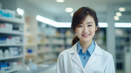 Cheerful pharmacist standing in pharmacy drugstore, Medicine, pharmaceutics, health care and people concept: happy pharmacist giving medications to senior male customer