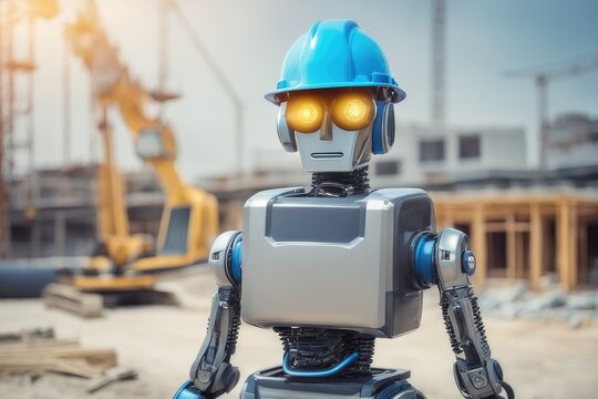 engineer robot wearing blue safety helmet in construction site