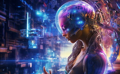 Futuristic cybernetic style that explores the interaction between humans and technology.