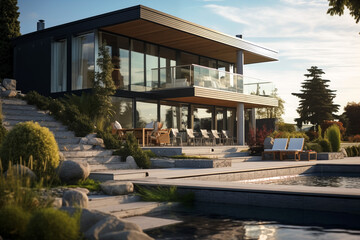 Obraz premium Contemporary modern house with swimming pool. Architect's house. Modern house with large windows. Real estate. Real estate agency. Real estate agent 