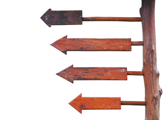 blank brown wooden board arrow shape hanging on wood post - 666486049