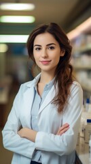 Fototapeta premium Cheerful pharmacist standing in pharmacy drugstore, Medicine, pharmaceutics, health care and people concept: happy female pharmacist giving medications to senior male customer