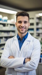 Fototapeta premium Cheerful pharmacist standing in pharmacy drugstore, Medicine, pharmaceutics, health care and people concept: happy pharmacist giving medications to senior male customer