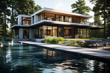 Fototapeta na wymiar Contemporary modern house with swimming pool. Architect's house. Modern house with large windows. Real estate. Real estate agency. Real estate agent 