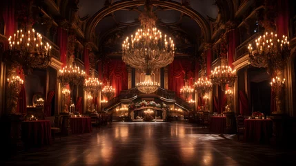 Fotobehang Step into a world of haunted elegance with this awe-inspiring image. A grand ballroom adorned with Gothic décor hosts a masquerade ball. © CanvasPixelDreams