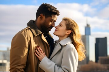 romantic portrait of a couple with the city sky line as the background 