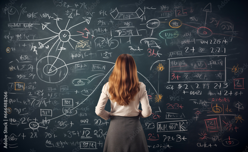 Poster student girl solving a complex mathematical equation on a giant chalkboard, with mathematical formul