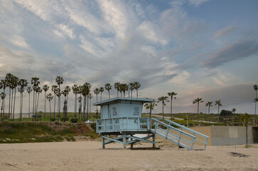 USA California Los Angeles Dockweiler State Beach May 22 2023 view of the beach to the lifeguard booth to the palm trees