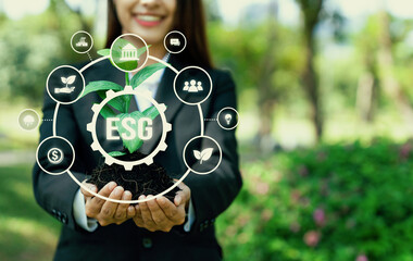 Focused young plant on soil with ESG and eco friendly icon design holding by blurred businesswoman...