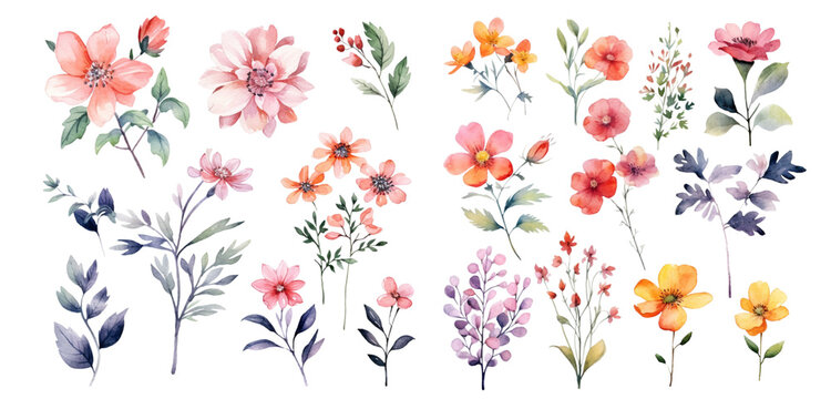 Watercolor flowers on a white background without shadows for illustration. © mangolovemom