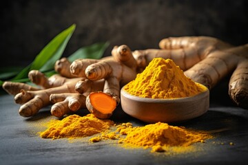 Aromatic turmeric powder and raw roots. Medical fresh flavor herbal food. Generate Ai - obrazy, fototapety, plakaty